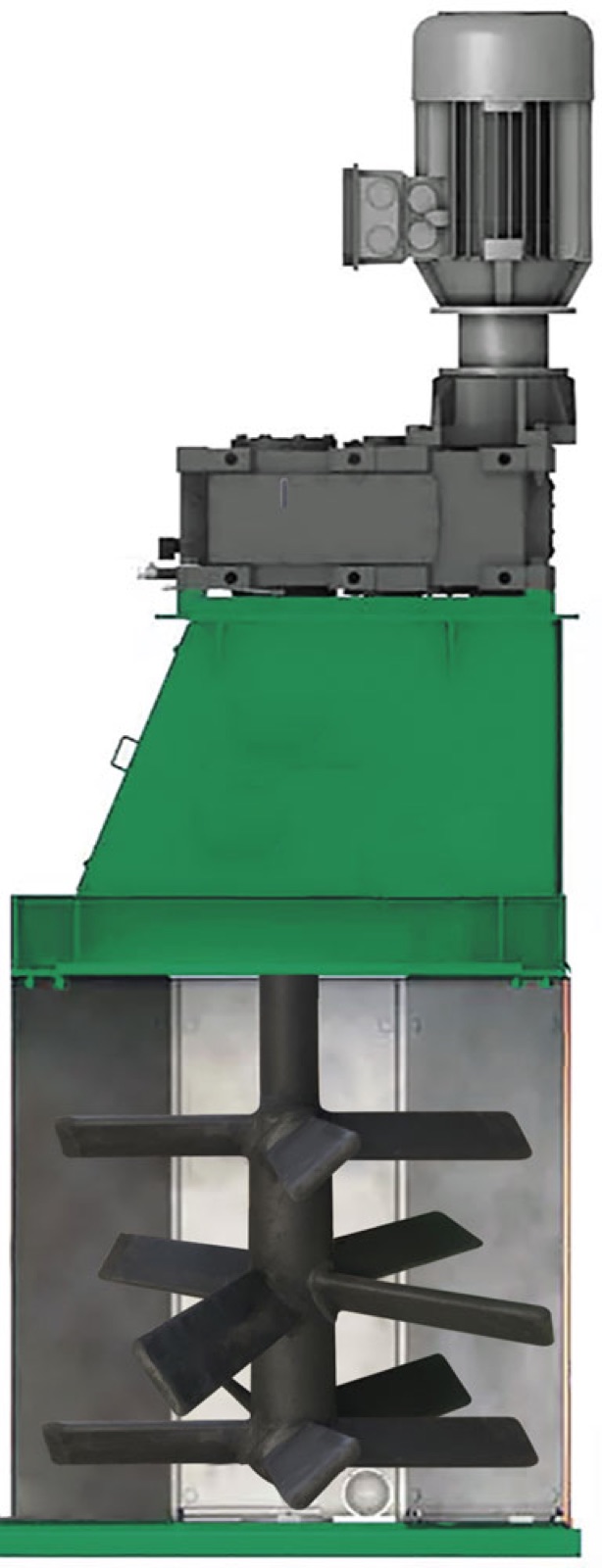 CAD-Zeichnung eines Attritors mit Antrieb, Getriebe und Rührflügel-Welle